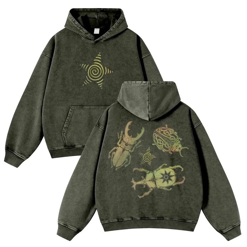 Men's Vintage Washed Oversized Long Sleeve Hoodie - Thick Cotton Blend Psychedelic Beetle Graphic Pullover, Plus Size Vintage Casual Streetwear Clothing for Jeans Pairing