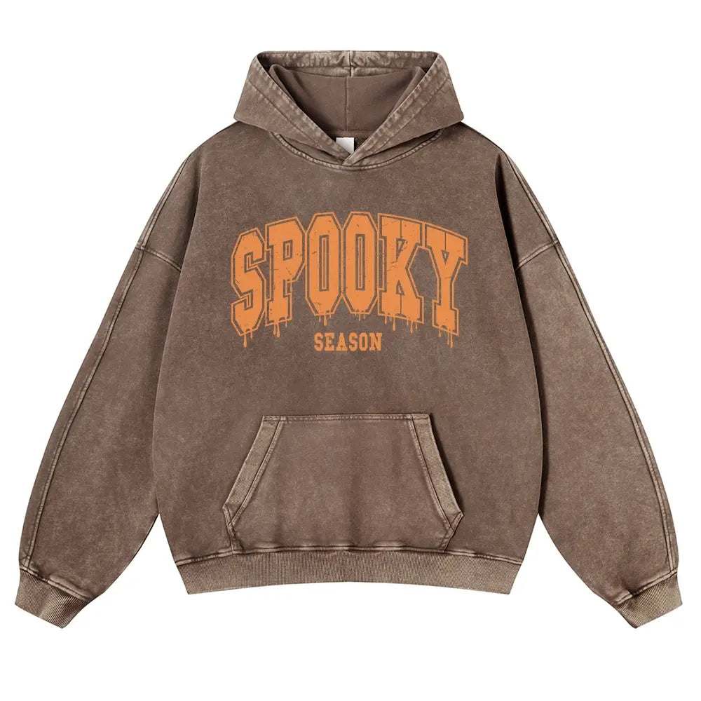 Menswear Hoodie - Unisex 380g Vintage Washed DTG Print Tops, Soft Longsleeves, Spring Fall Halloween Aesthetic, Orange Drip Texture, Spooky Season Varsity Letter Front Print, Casual Oversize Pullover, Jeans-Coordinating Durable Thick Fabric, Fit