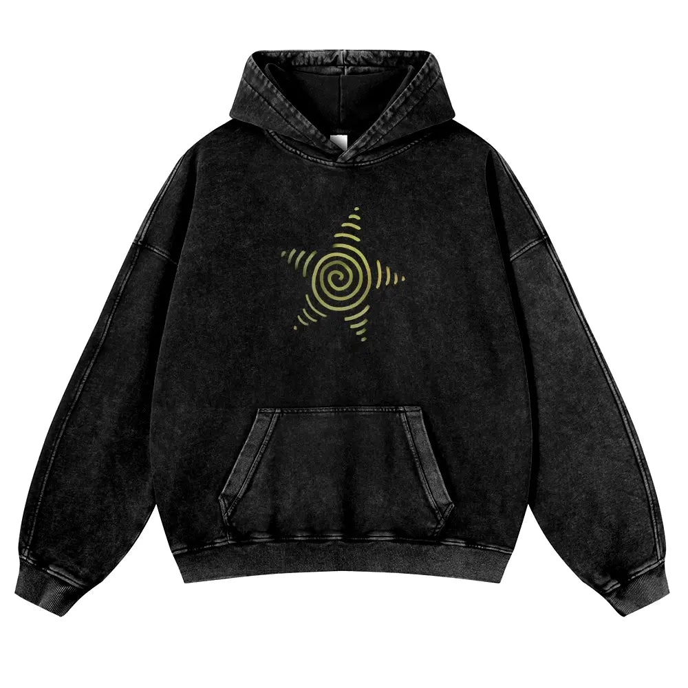 Men's Vintage Washed Oversized Long Sleeve Hoodie - Thick Cotton Blend Psychedelic Beetle Graphic Pullover, Plus Size Vintage Casual Streetwear Clothing for Jeans Pairing