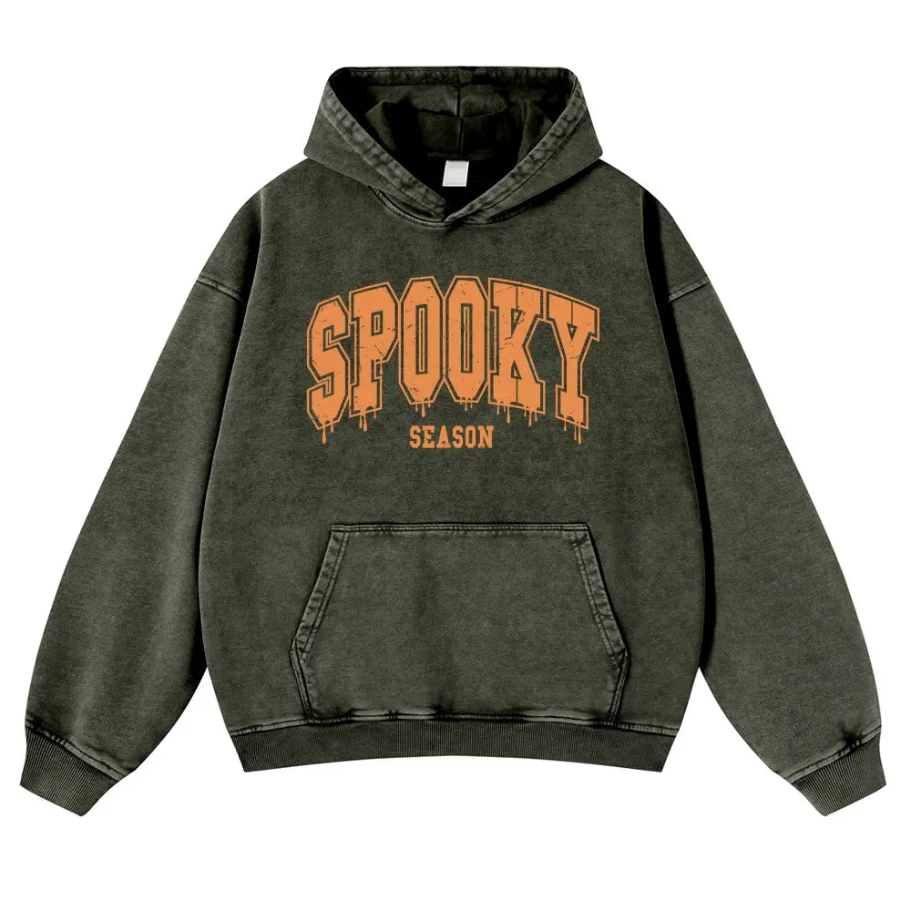 Menswear Hoodie - Unisex 380g Vintage Washed DTG Print Tops, Soft Longsleeves, Spring Fall Halloween Aesthetic, Orange Drip Texture, Spooky Season Varsity Letter Front Print, Casual Oversize Pullover, Jeans-Coordinating Durable Thick Fabric, Fit