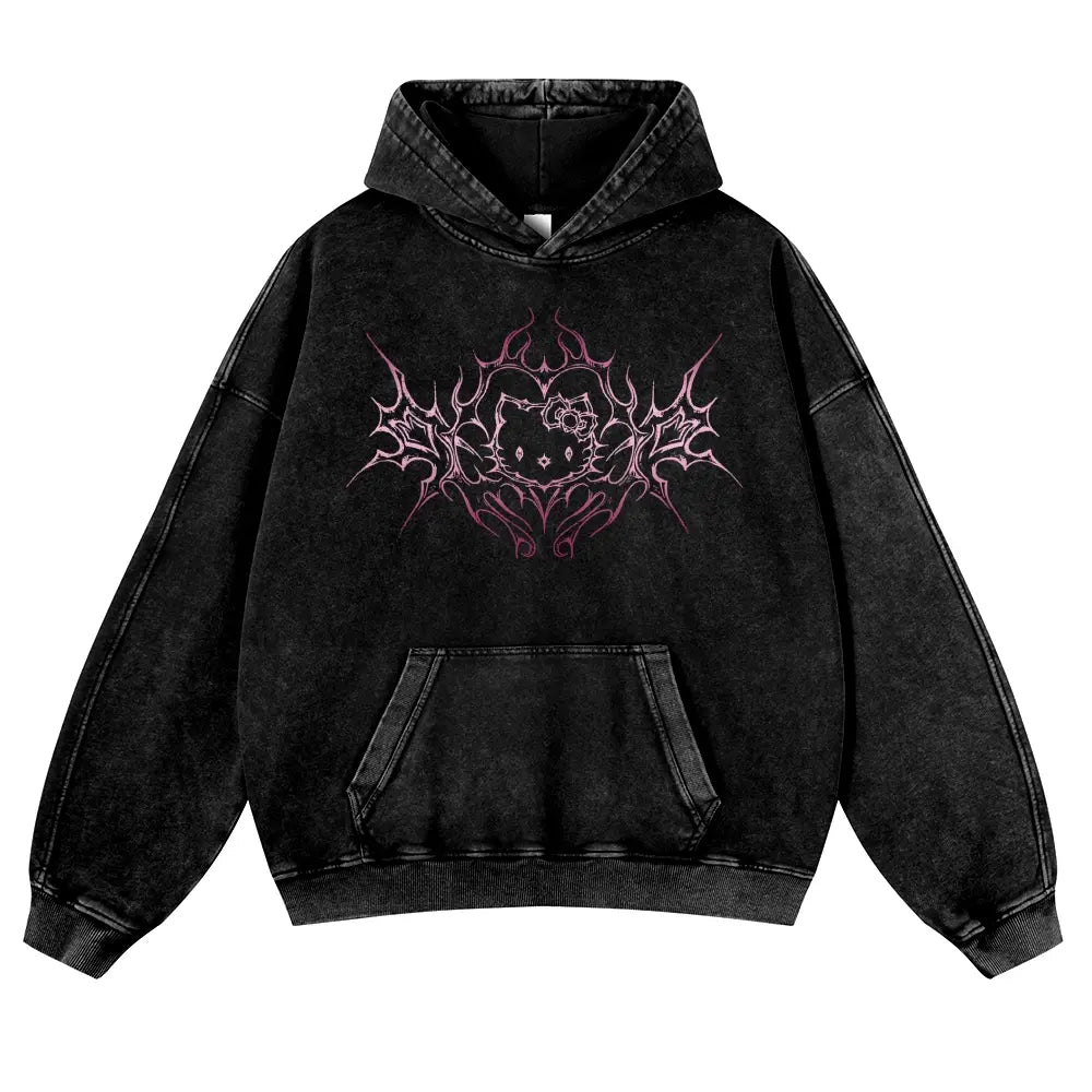 Y2K Dark Aesthetic Cat Pullover Hoodie Kitten 380g Autumn VIntage Washed Hoodie Graphic Sweatshirt,back to school,back to school shopping,clothes for back to school,first day of school outfits
