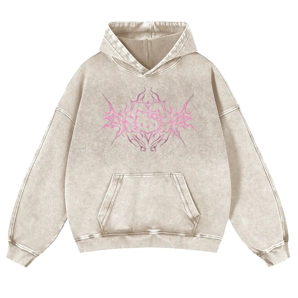 Y2K Dark Aesthetic Cat Pullover Hoodie Kitten 380g Autumn VIntage Washed Hoodie Graphic Sweatshirt,back to school,back to school shopping,clothes for back to school,first day of school outfits