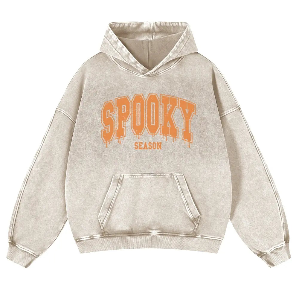 Menswear Hoodie - Unisex 380g Vintage Washed DTG Print Tops, Soft Longsleeves, Spring Fall Halloween Aesthetic, Orange Drip Texture, Spooky Season Varsity Letter Front Print, Casual Oversize Pullover, Jeans-Coordinating Durable Thick Fabric, Fit