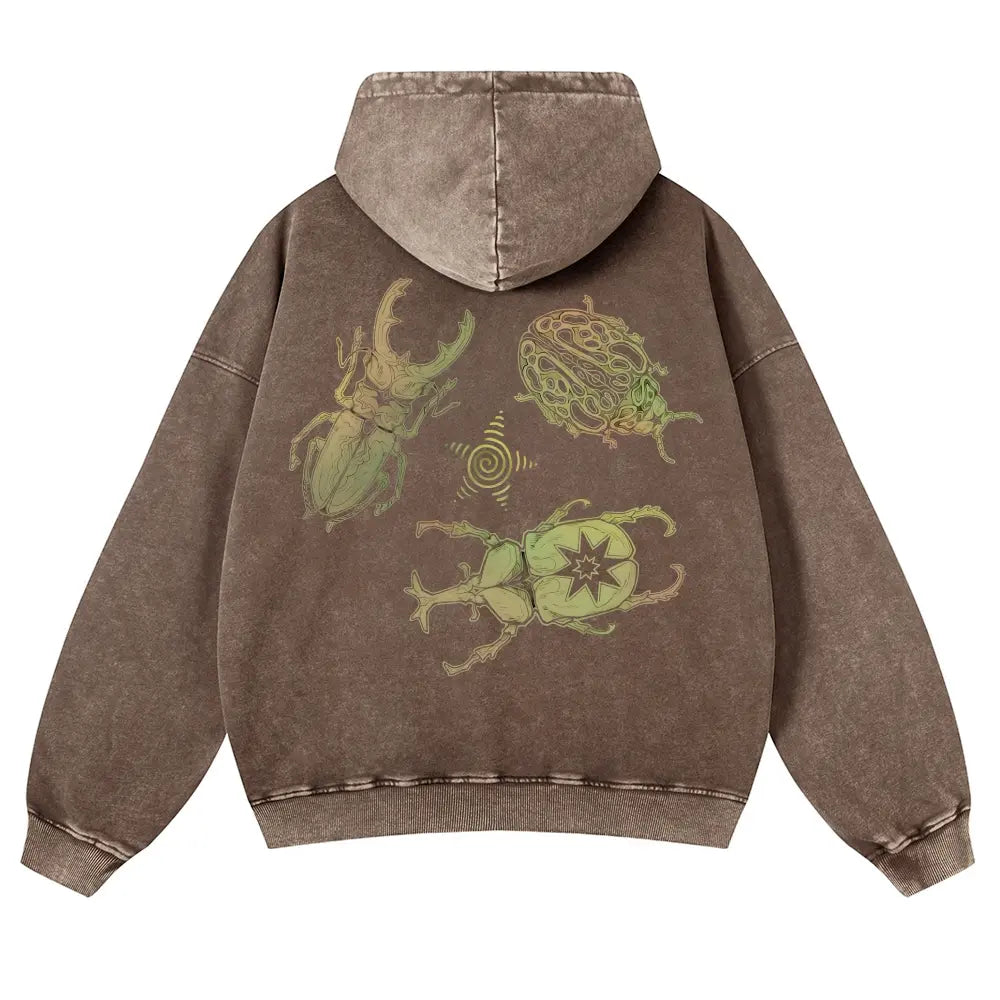 Men's Vintage Washed Oversized Long Sleeve Hoodie - Thick Cotton Blend Psychedelic Beetle Graphic Pullover, Plus Size Vintage Casual Streetwear Clothing for Jeans Pairing