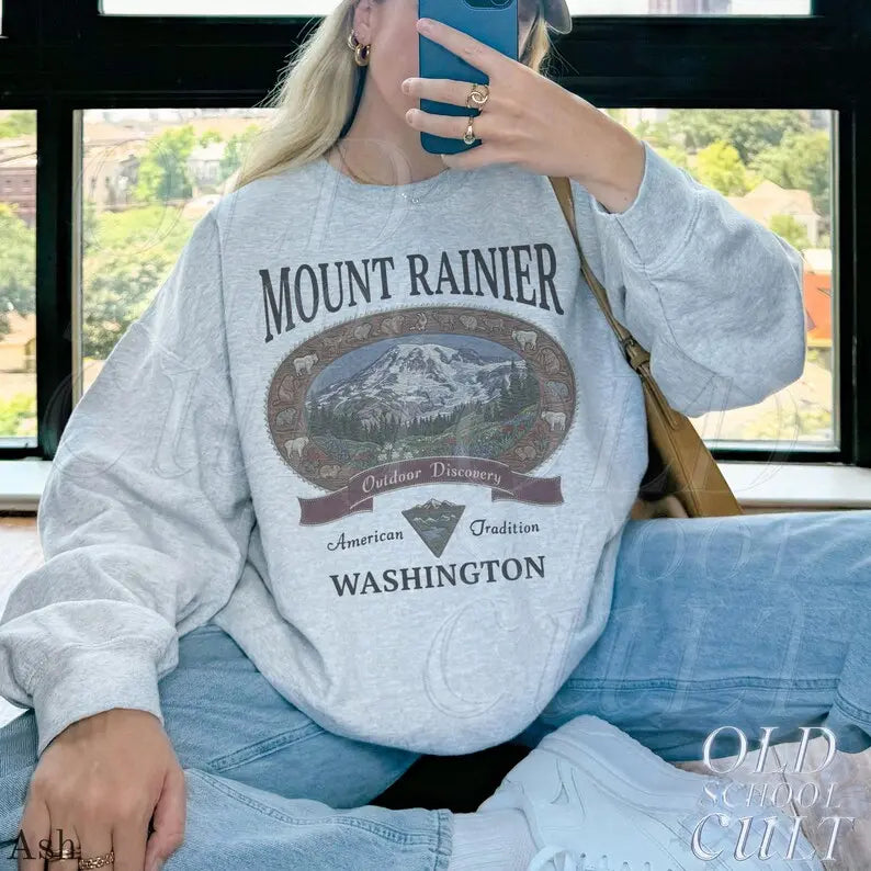 Retro Mount Rainier Washington Sweatshirt, Vintage 90s American Tradition Pacific Northwest Crewneck, Nostalgia Hiking Old School Gift