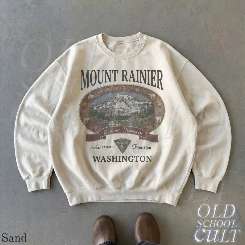 Retro Mount Rainier Washington Sweatshirt, Vintage 90s American Tradition Pacific Northwest Crewneck, Nostalgia Hiking Old School Gift