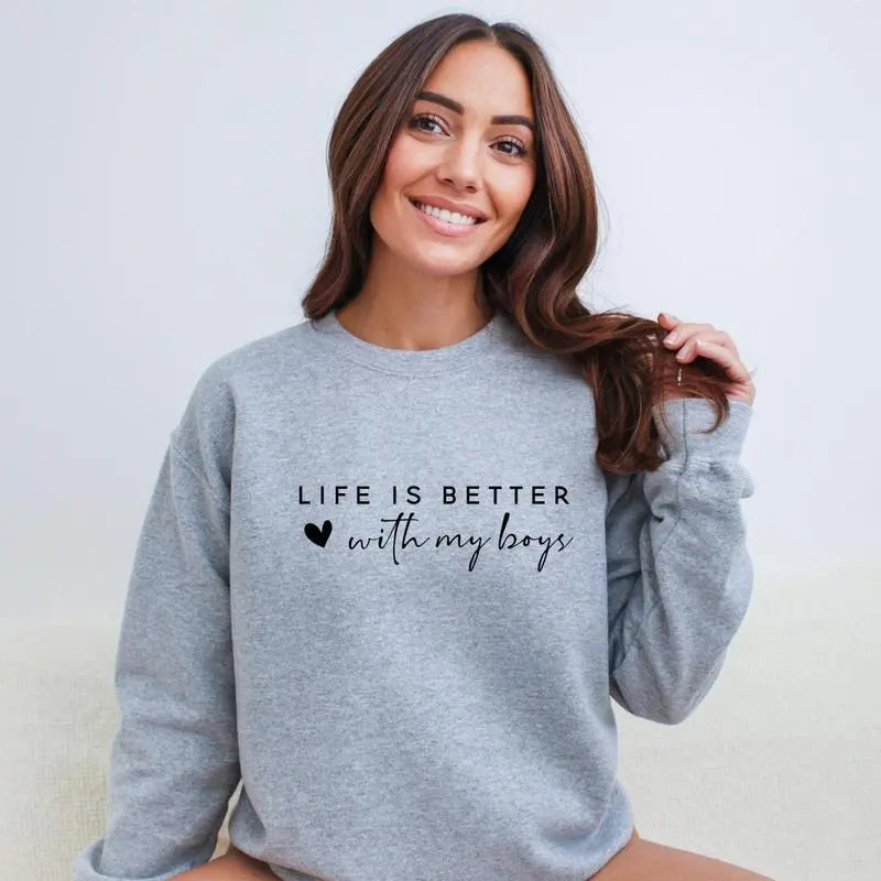 Life Is Better With My Boys Sweatshirt, Cozy Mom of Boys Crewneck Pullover, Cute Boy Mom Gift Idea, Soft Family Quote Sweater for Women, Comfortable Casual Long Sleeve Top for Everyday Wear - AMBER