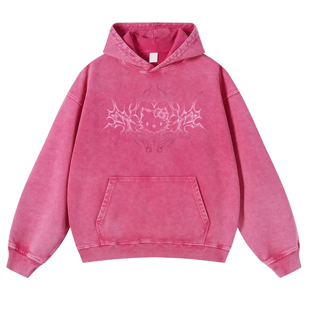 Y2K Dark Aesthetic Cat Pullover Hoodie Kitten 380g Autumn VIntage Washed Hoodie Graphic Sweatshirt,back to school,back to school shopping,clothes for back to school,first day of school outfits