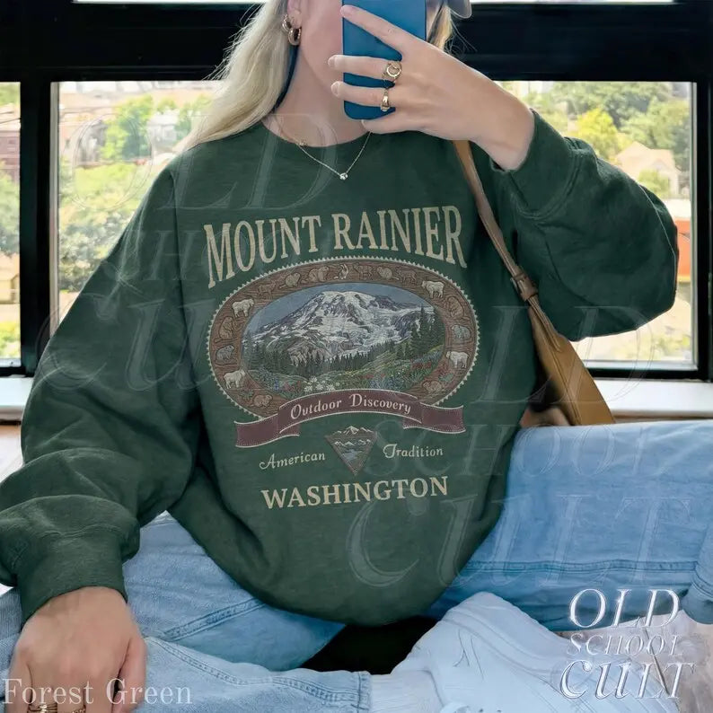Retro Mount Rainier Washington Sweatshirt, Vintage 90s American Tradition Pacific Northwest Crewneck, Nostalgia Hiking Old School Gift